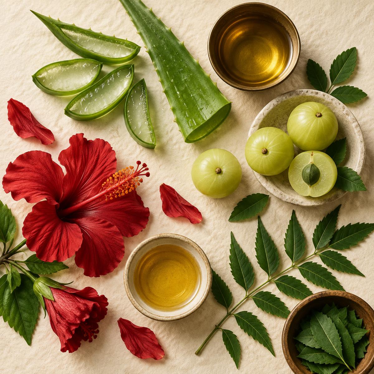 Amla, hibiscus, neem and aloe ingredients